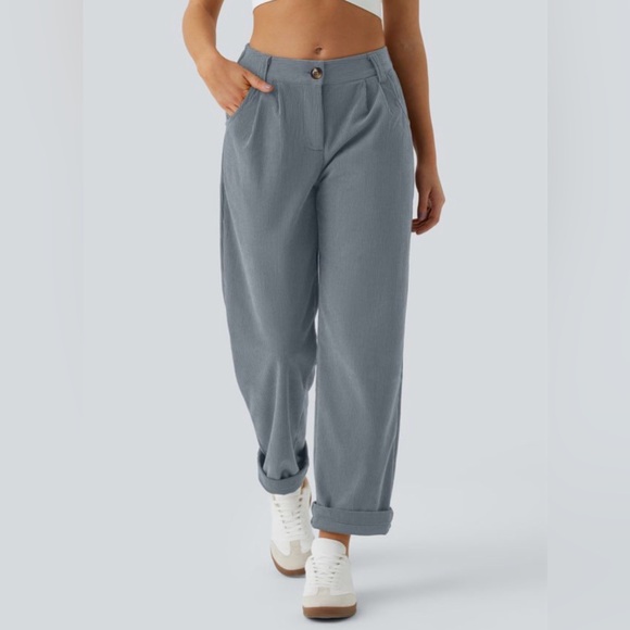 Halara AuraCord Cloud Ribbed Pants Blue Gray Petite S Wide Leg Stretch NWT - Picture 2 of 9